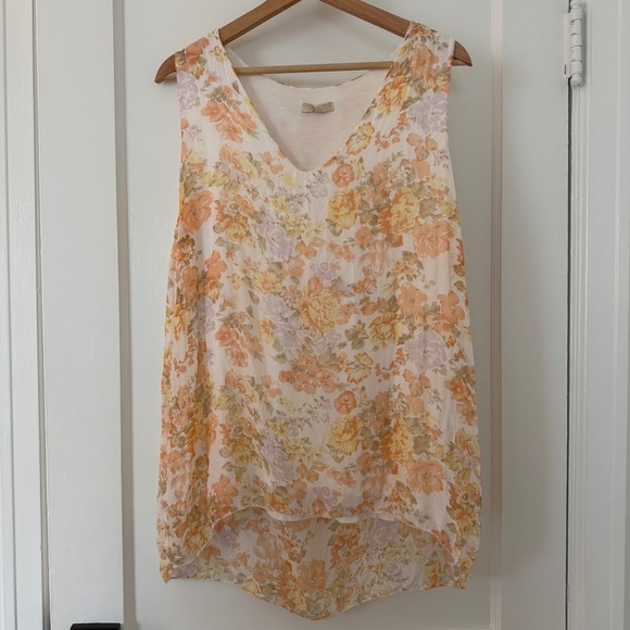 Giusy Tops - Giusy Silk Floral Lined Sleeveless V-Neck Flowy Top Orange Yellow Sz L: party